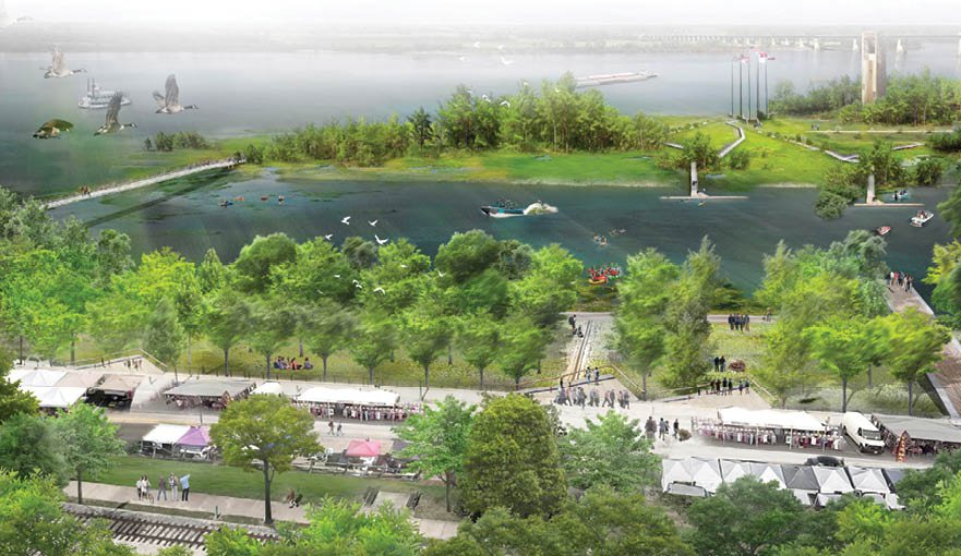 An overview rendering shows the proposed riverfront development concepts.