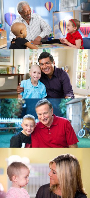 Celebrity fundraising campaigns feature (top to bottom) stars Morgan Freeman with Mia and Camryn, George Lopez with Coraliz, Robin Williams with Trevor, and Jennifer Aniston with Hayli.