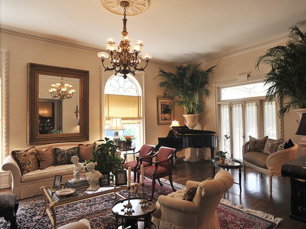 Those potted palms in the elegant living room make quite a statement.
