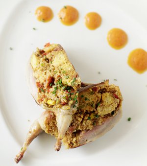 European Quail stuffed with cornbread and Andouille Sausage