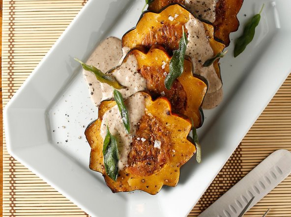 Chanterelle and Apricot Stuffed Acorn Squash from the "The Southern Vegetarian Cookbook."
