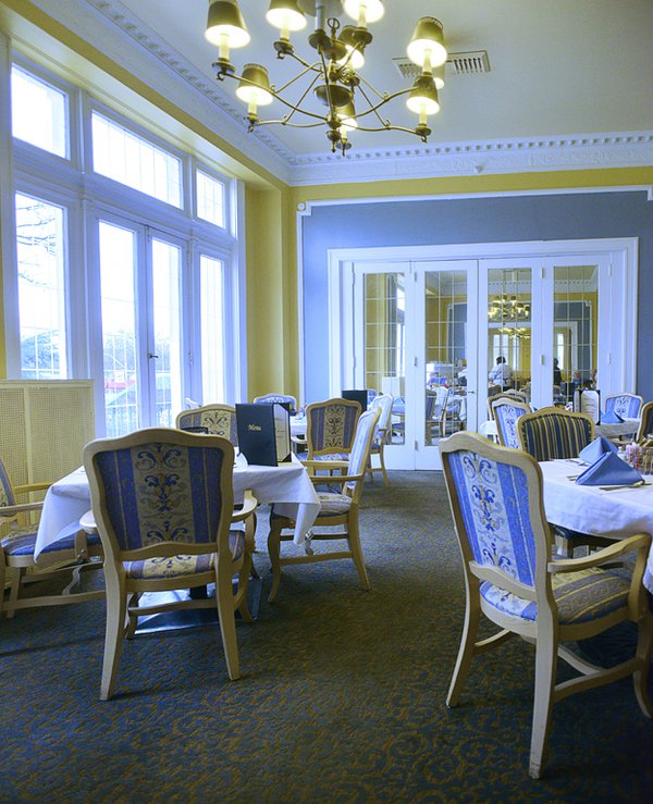 The Parkview's well-known Wedgwood dining room with its blue, white, and yellow color scheme has always been a popular mealtime gathering place.