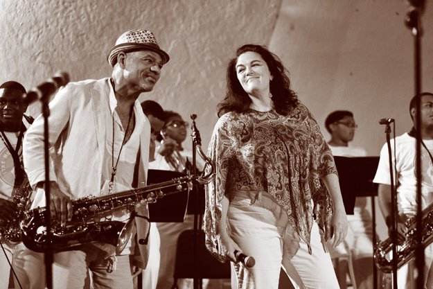 Esperian jams with Kirk Whalum and the Stax Music Acadamy kids at a concert at the Levitt Shell, June 30, 2013. 