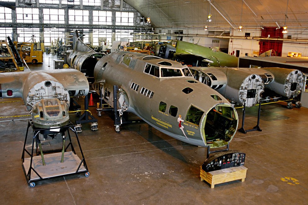 Minus its four mighty engines, the Belle gets special attention in the museum’s restoration hangar.