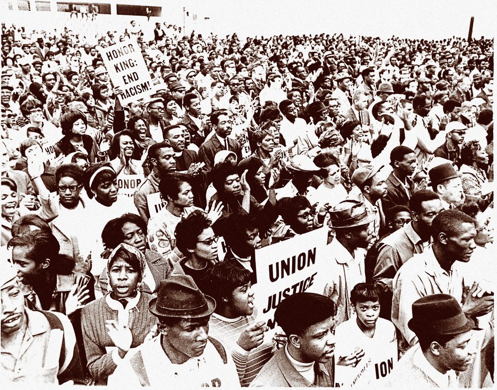 In the weeks and months following King’s assassination, protest rallies and marches took place throughout Memphis, such as this one at City Hall.