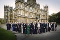 Upon arrival at Highclere Castle, ancestral home of the Carnarvon family, the regally attired Memphis guests fanned out in a V-formation pose.