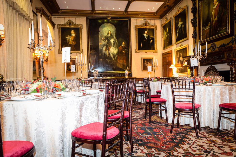 The celebratory black-tie anniversary dinner was served in the state dining room under the watchful eye of Anthony van Dyck’s famous equestrian portrait of King Charles I. 