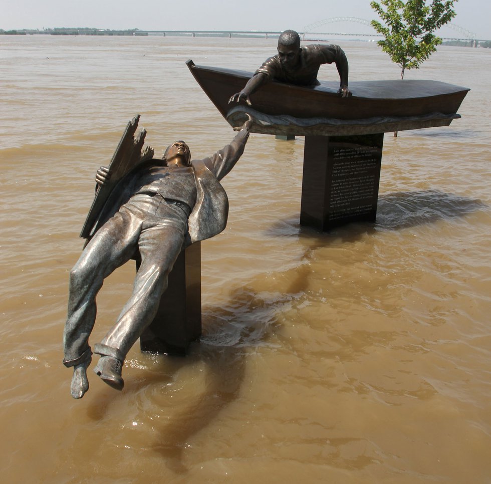 The new monument in Tom Lee Park captures the drama of the 1925 rescue. Though it’s normally on dry land, the major 2011 spring flood gave the sculpture special poignancy.
