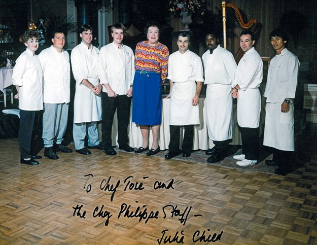 In 1992, Chef Jose Gutierrez cooked a five-course dinner for Julia Child at the Peabody’s Chez Philippe. The photo above was taken that night with Gutierrez, who is standing on Child’s left, and the rest of his team.