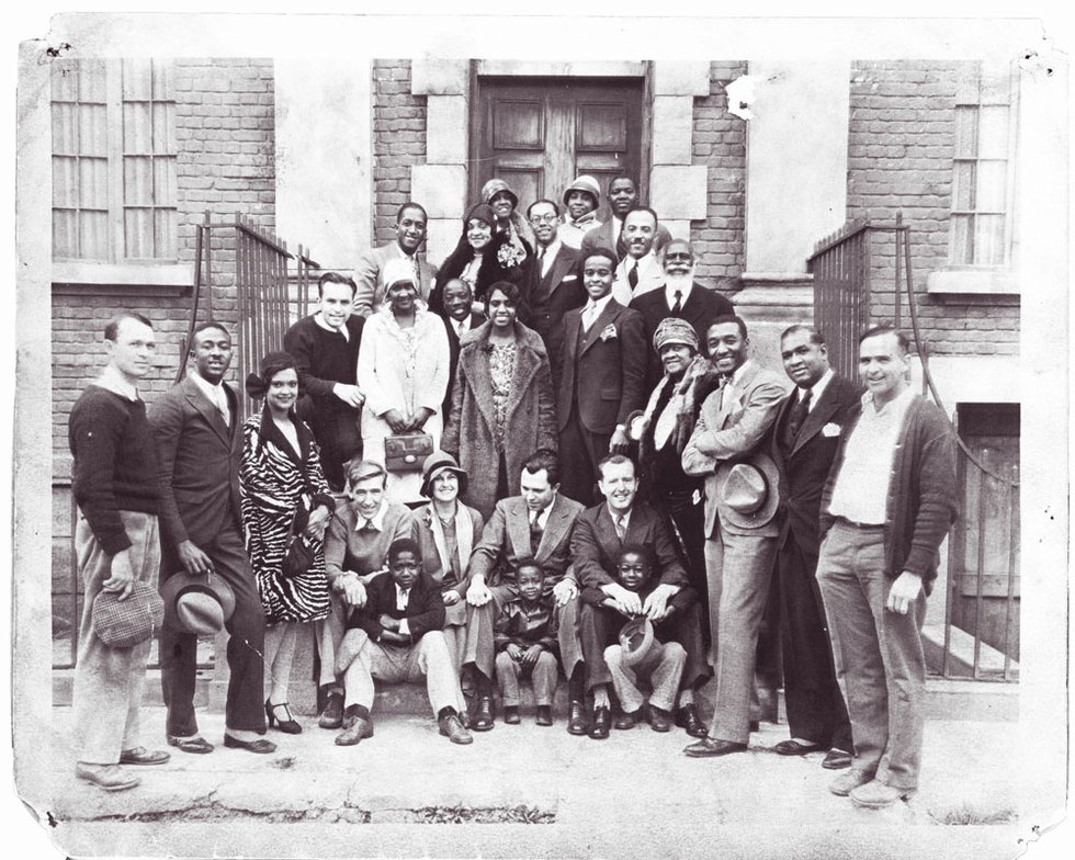 The Dixie Jubilee Singers at an unknown Memphis location with the rest of the movie cast and production crew. Director King Vidor is seated front and center. Georgia Rodgers Woodruff, the film’s lead female singer, stands at left, wearing a white hat. 