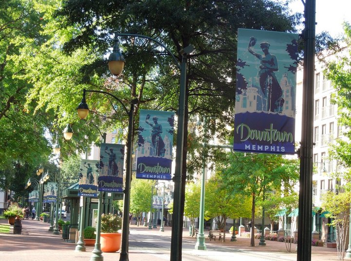 Current banners that hang along the Main Street Mall 